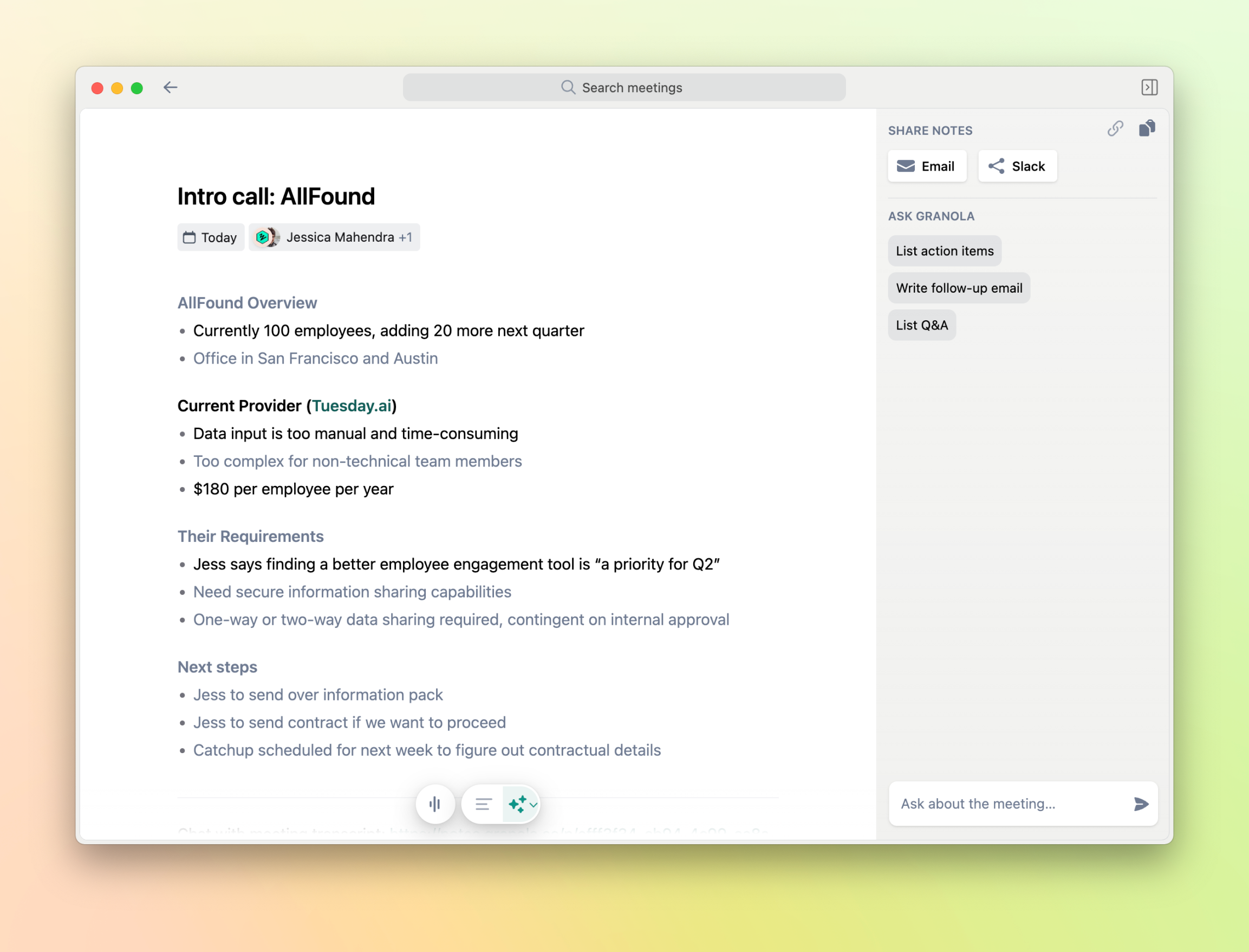 Granola’s final meeting summary view with action items and AI assistance panel.